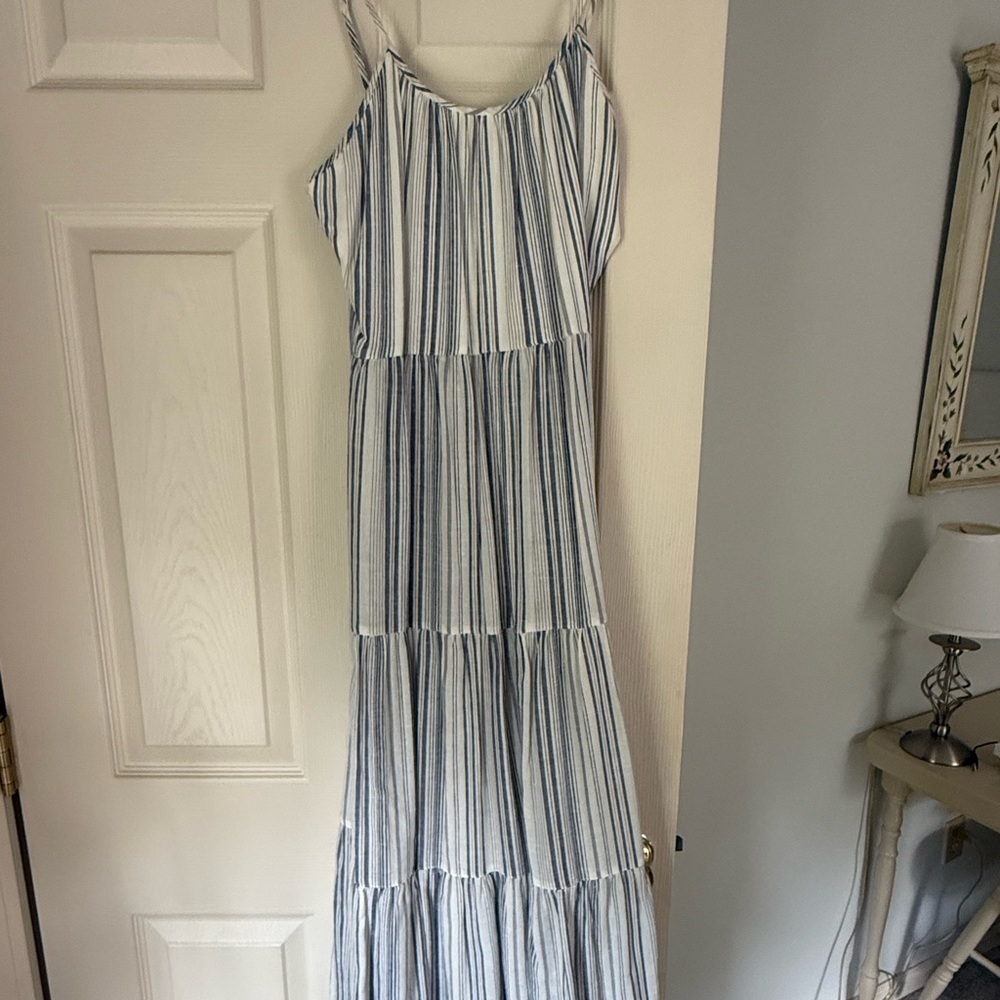 Express Blue and White Tiered Ruffled Maxi Sundress